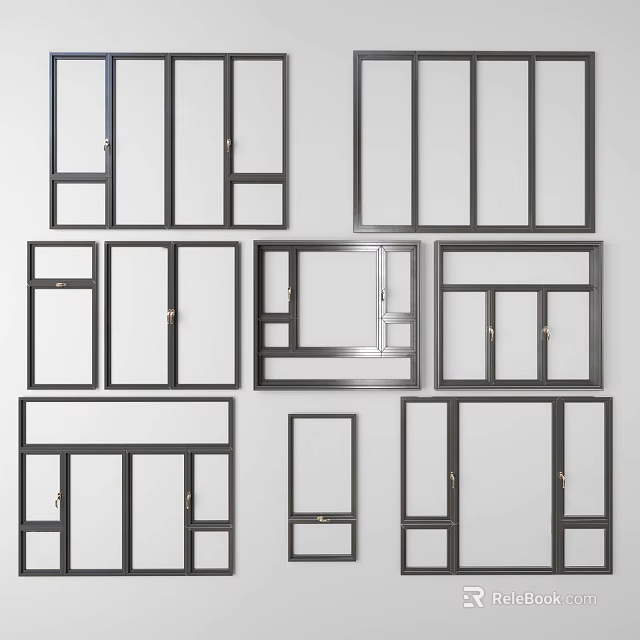 Various Modern Window Frames With Different Design Styles And Black Borders 3d model