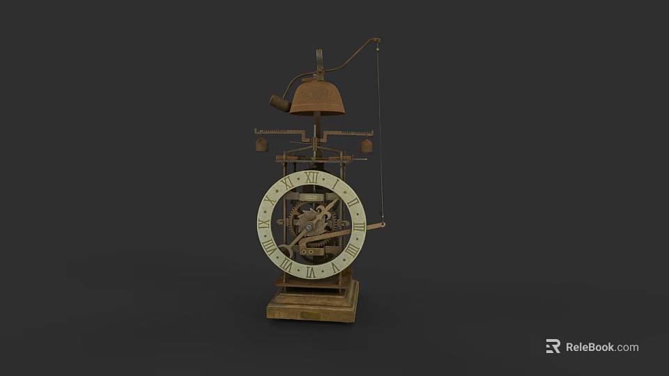 Vintage Mechanical Clock With Exposed Gears Brass Bell And Wooden Base 3d model 