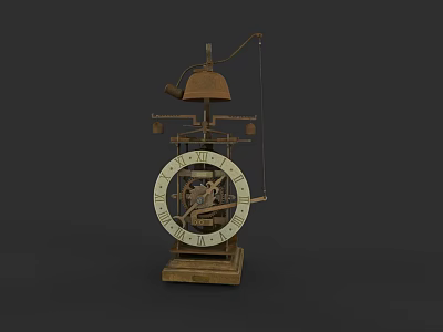 Vintage Mechanical Clock With Exposed Gears Brass Bell And Wooden Base 3d model