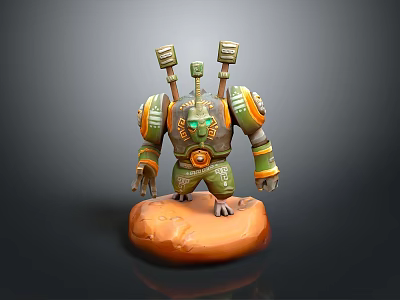 Game Character 3D Model With Green Orange Armor Mechanical Shoulders Rocky Base And Glowing Eyes 3d model