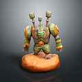 Game Character 3D Model With Green Orange Armor Mechanical Shoulders Rocky Base And Glowing Eyes