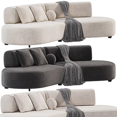 Curved Velvet Sectional Sofa In Beige And Grey With Soft Pillows And Throw Blanket 3d model