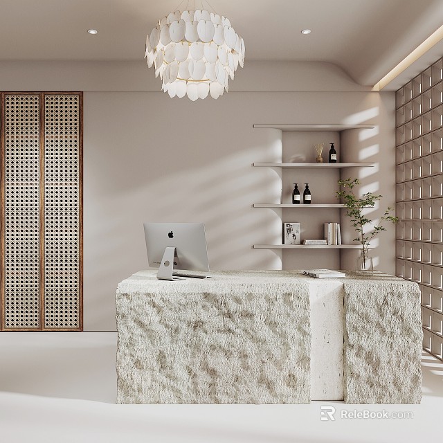 Modern Front Desk Reception With Marble Countertop Apple Computer Perforated Screen Shelves And Plant 3d model 
