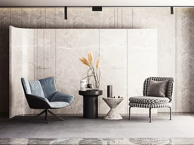 Modern Leisure Sofa Set With Blue Velvet And Black White Striped Chairs Marble Wall Tables 3d model