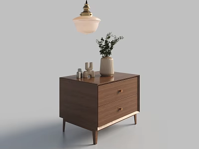 Modern Wooden Nightstand Design With Two Drawers Vase Green Plants Small Jars And Hanging Lamp 3d model