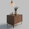 Modern Wooden Nightstand Design With Two Drawers Vase Green Plants Small Jars And Hanging Lamp