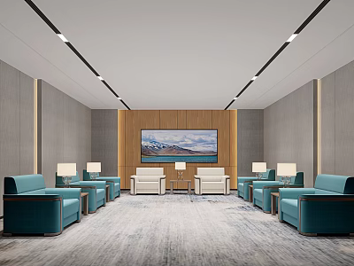Modern Hotel Public Lounge With Blue Sofas White Armchairs Wooden Accent Wall And Area Rug 3d model
