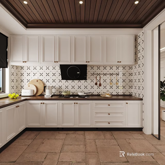 White Cabinet Kitchen Interior With Black And White Geometric Tiles Wooden Ceiling And Countertop Items 3d model 