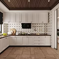 White Cabinet Kitchen Interior With Black And White Geometric Tiles Wooden Ceiling And Countertop Items