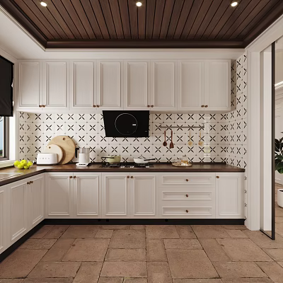 White Cabinet Kitchen Interior With Black And White Geometric Tiles Wooden Ceiling And Countertop Items 3d model