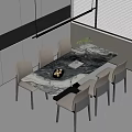 Modern Dining Table Set With Marble Top And Six Light Gray Chairs 3d model