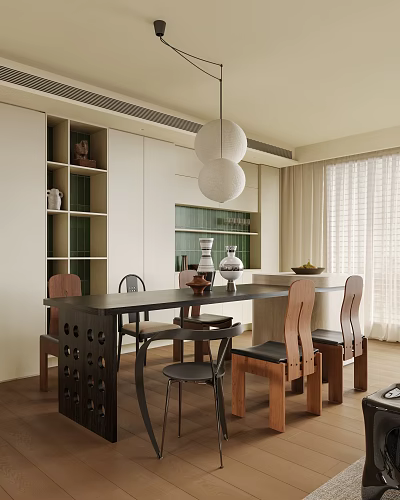 Modern Living Room Interior With Dining Table Chairs Pendant Lights And Bookshelves 3d model