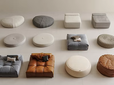 Various Shaped Ottoman Poufs In Neutral Tones With Leather And Fabric For Living Room 3d model