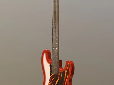 Red Electric Bass Guitar With Black And Orange Flame Patterns On Gray Background 3d model
