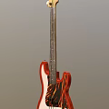 Red Electric Bass Guitar With Black And Orange Flame Patterns On Gray Background