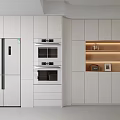 Modern White Kitchen Interior With Sideboard Refrigerator Oven Light Strip And Display Shelf 3d model