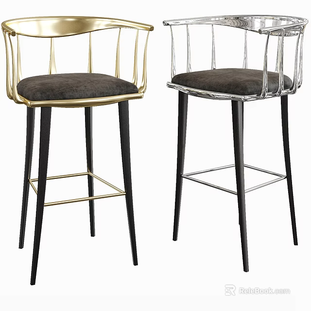Modern Stylish Bar Stools With Gold Silver Backrests Dark Upholstered Seats And Black Legs 3d model 