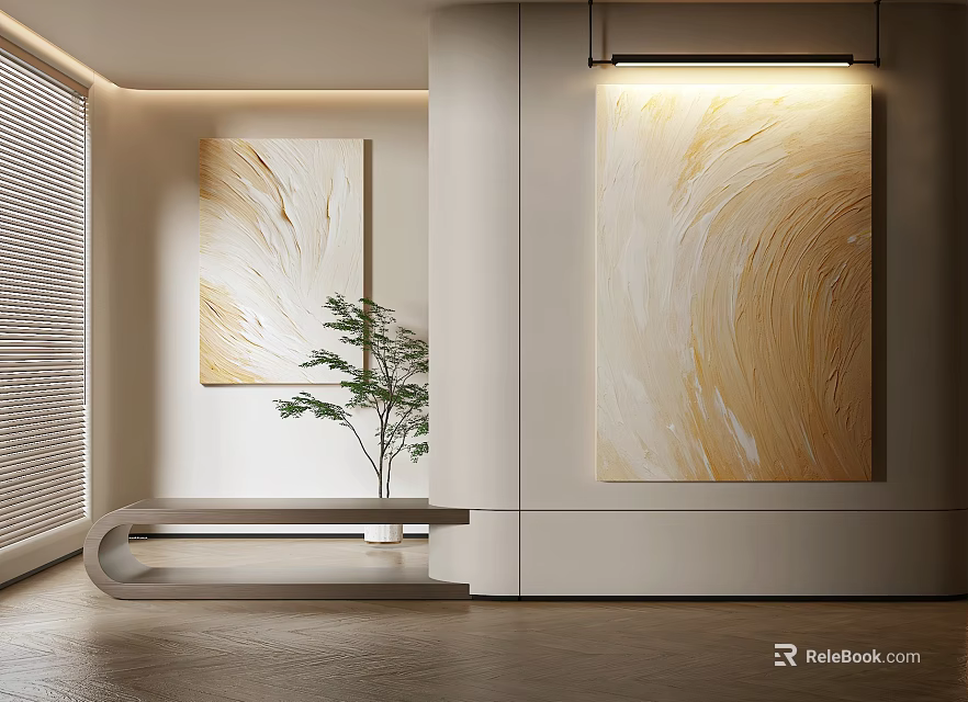 Elegant Abstract Paintings With Beige White Texture In Modern Interior With Green Plant And Bench 3d model 