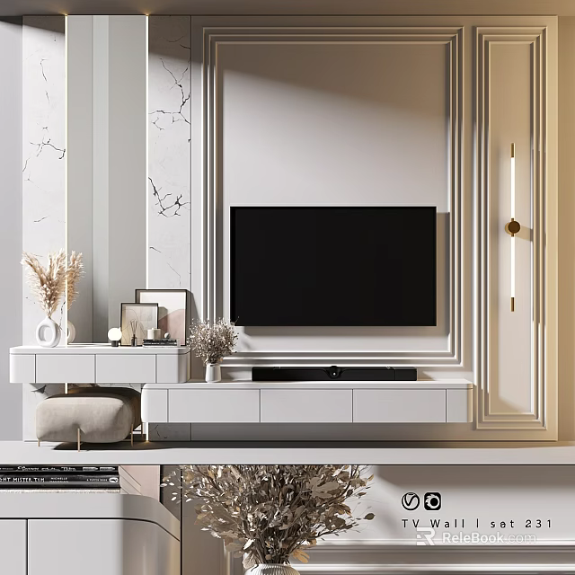 Elegant Modern TV Wall Interior Design with Marble Panels White TV Stand and Decorative Lamps 3d model 