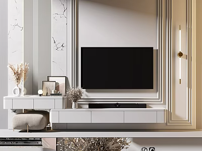 Elegant Modern TV Wall Interior Design with Marble Panels White TV Stand and Decorative Lamps 3d model