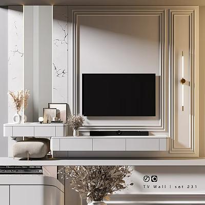 Elegant Modern TV Wall Interior Design with Marble Panels White TV Stand and Decorative Lamps 3d model