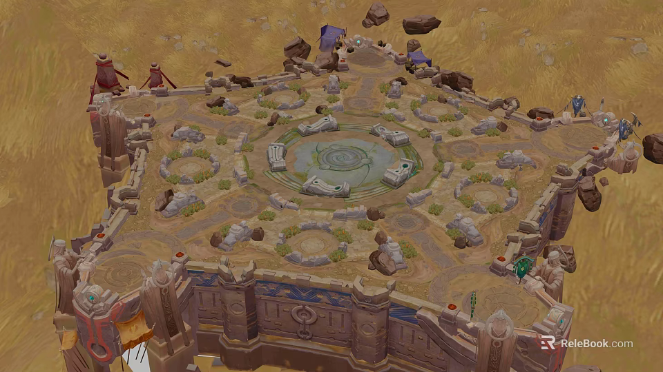 Ancient Circular Structure With Stone Platforms And Character Figures Around 3d model