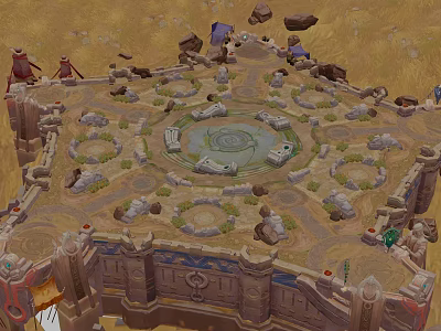 Ancient Circular Structure With Stone Platforms And Character Figures Around 3d model