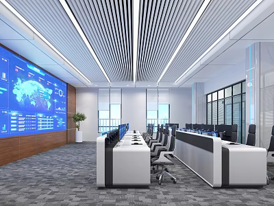 Bright Modern Monitoring Control Room Equipped With Large Data Screen And Professional Operation Consoles 3d model