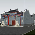 Ancient Chinese Architectural Gate with Traditional Roof Red Door Stone Lions and Trees