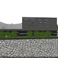 Scenic Waterfront Landscape Design with Stone Revetment Green Vegetation and Modern Buildings