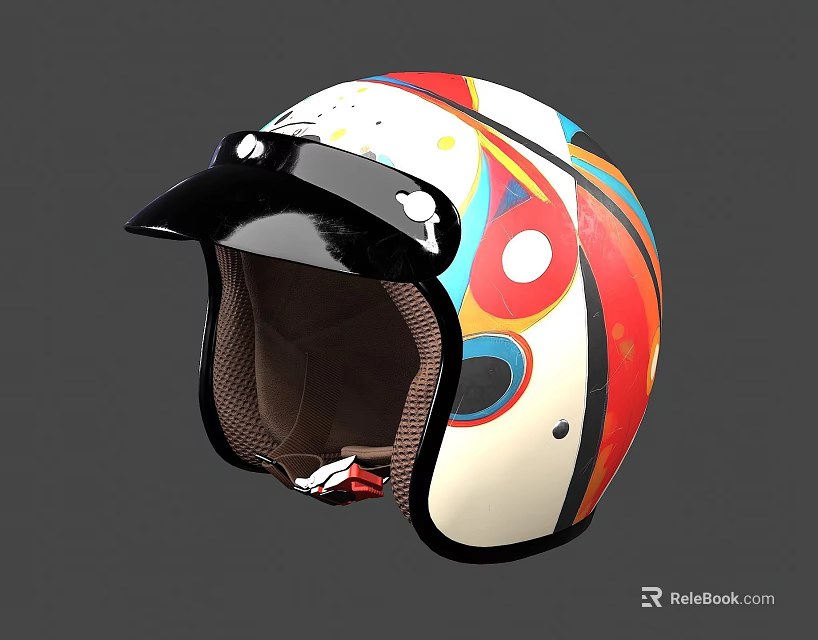 Colorful Patterned Helmet With White Base Black Visor And Vibrant Design Elements 3d model 