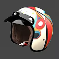 Colorful Patterned Helmet With White Base Black Visor And Vibrant Design Elements