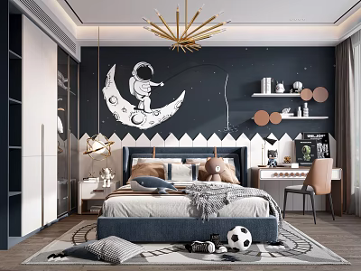 Kids Room With Dark Blue Walls Astronaut Moon Decal Gold Chandelier Bed And Soccer Ball 3d model