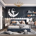 Kids Room With Dark Blue Walls Astronaut Moon Decal Gold Chandelier Bed And Soccer Ball