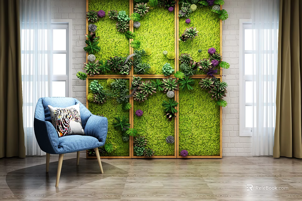 Indoor Green Plant Wall With Modular Design Purple Flowers Blue Chair Wooden Floor And Window 3d model 