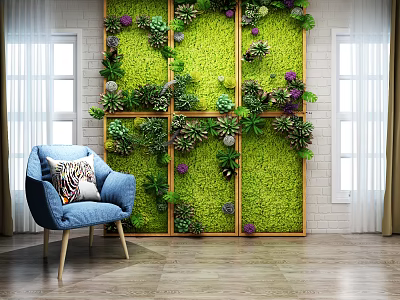 Indoor Green Plant Wall With Modular Design Purple Flowers Blue Chair Wooden Floor And Window 3d model