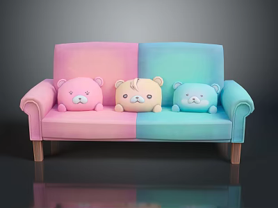 Pink Turquoise Gradient Two Seater Sofa With Three Bear Plush Toys And Wooden Legs 3d model