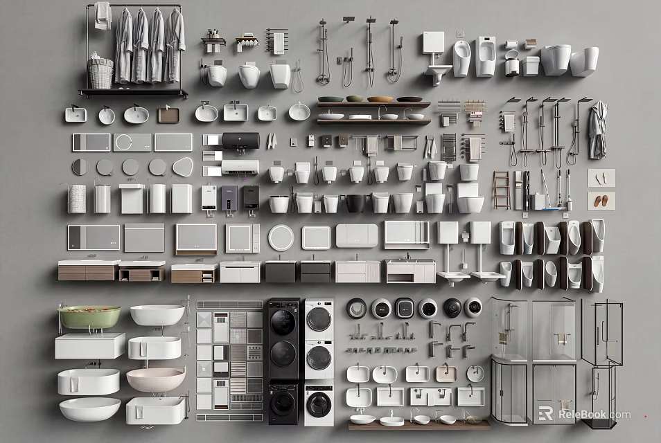 Complete Bathroom Fixtures Set With Sinks Toilets Cabinets And Accessories 3d model 