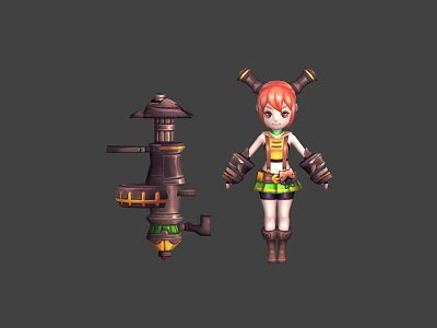Red Haired 3D Game Character With Horned Headgear Green Skirt And Mechanical Device 3d model