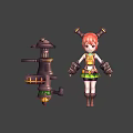 Red Haired 3D Game Character With Horned Headgear Green Skirt And Mechanical Device