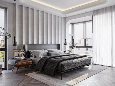 Modern Bedroom Interior Design With Gray Headboard Wooden Nightstand Slatted Wall And Light Wood Floor 3d model