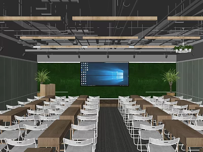 Modern Conference Room With Long Tables White Chairs Large Screen And Green Plant Wall 3d model
