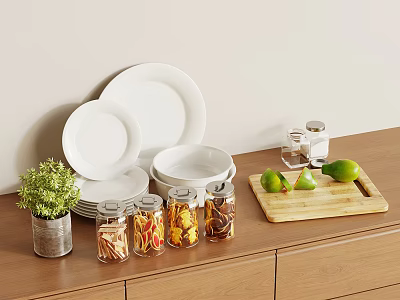 White Dinnerware Set with Plates Bowls Glass Jars Limes Green Plant on Wooden Countertop 3d model