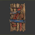 Rustic Wooden Planks Art Sculpture With Blue Red Paint And Metal Pieces