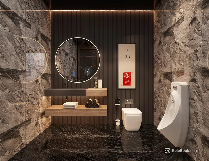 Modern Public Restroom Interior With Marble Walls Round Mirror And Wash Basin 3d model 
