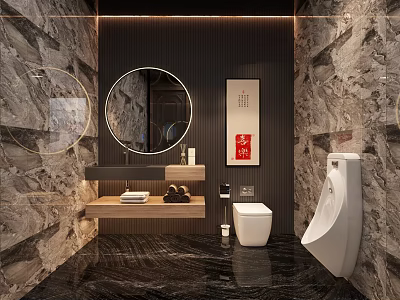 Modern Public Restroom Interior With Marble Walls Round Mirror And Wash Basin 3d model