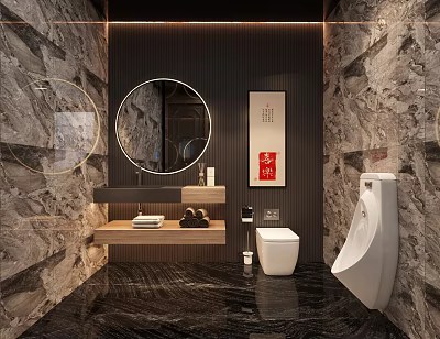 Modern Public Restroom Interior With Marble Walls Round Mirror And Wash Basin 3d model