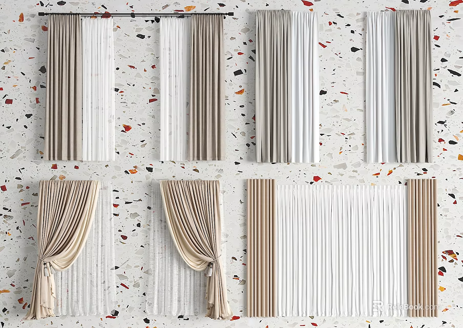 Light Color Fabric Curtains With Pleated And Tied Styles For Home Decor 3d model 