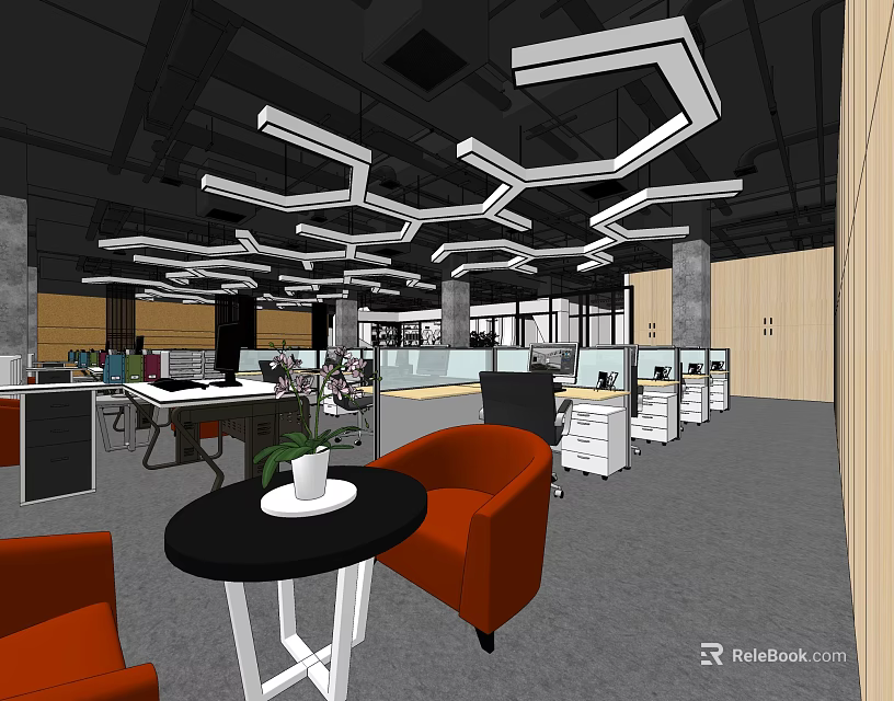 Public Office Space With Geometric Ceiling Lights Open Layout Workstations And Orange Armchairs 3d model 