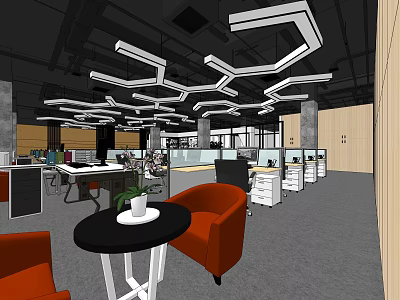 Public Office Space With Geometric Ceiling Lights Open Layout Workstations And Orange Armchairs 3d model